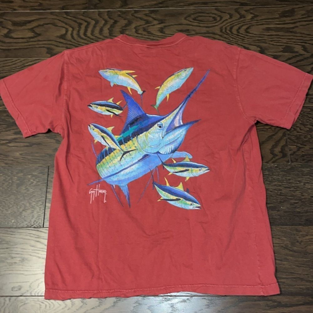 Guy Harvey Bluewater Vintage Wash Clay Rex sail tuna pocket fishing T shirt L